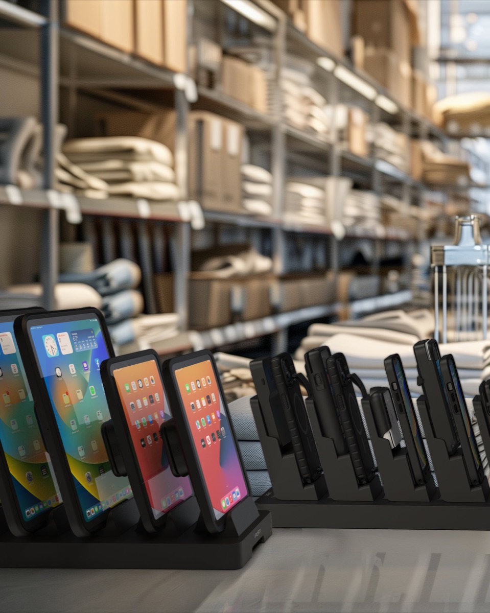 A bank of iPads and phones charging upright in IPORT docks on a stockroom counter